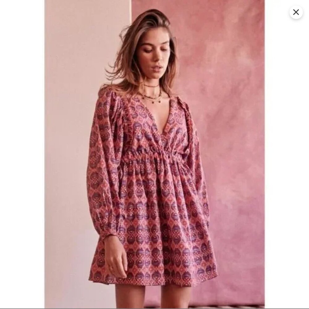 Sezane Pink and Purple Printed Empire-Waist Mini Dress